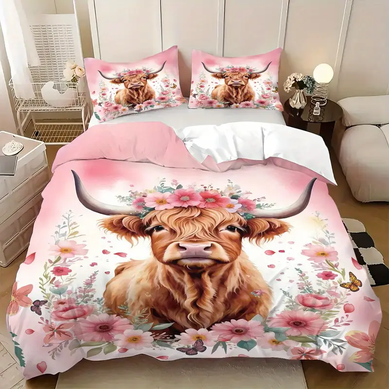 Highland Cow Floral Bedding Set