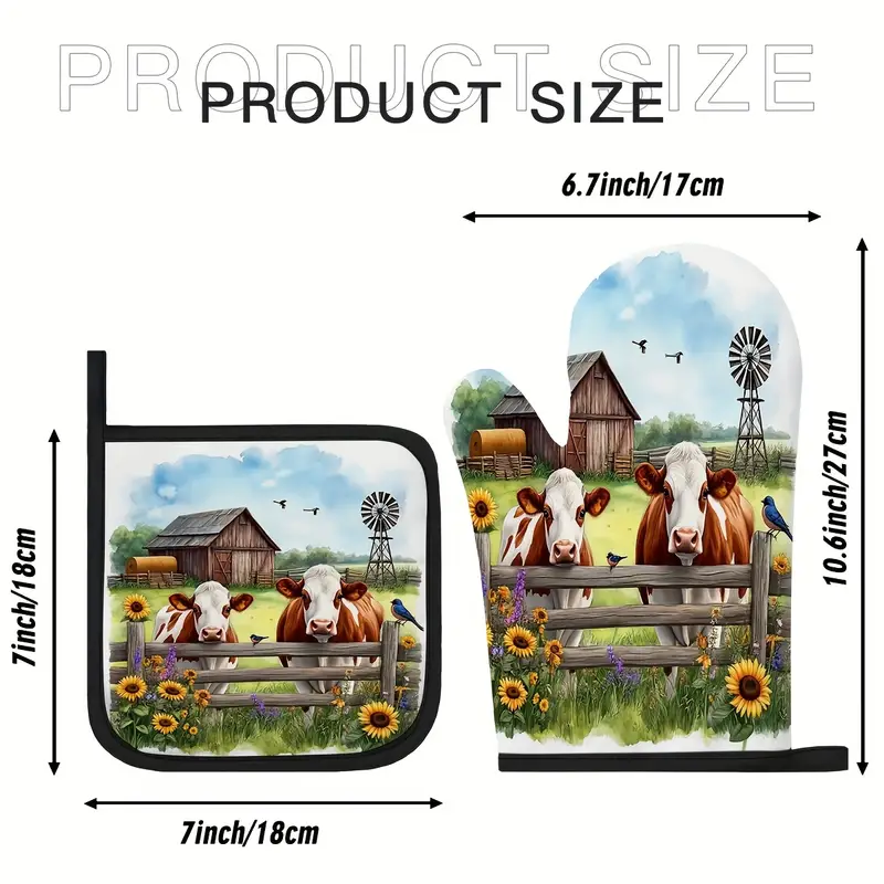 Farmhouse Cow Oven Mitt and Pot Holder Set