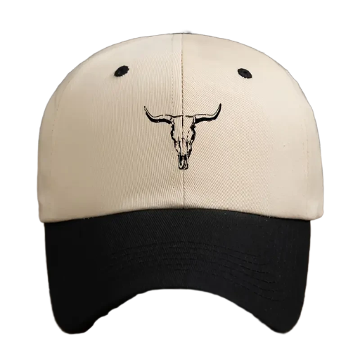 Beige and Black Cap with Bull Skull 