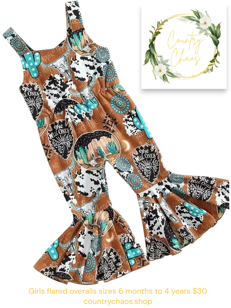 Girls Flared Country Overalls 3 Different Prints 