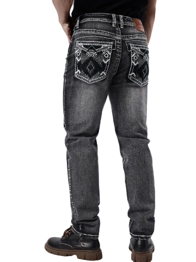 Men's Black Embroidered Jeans