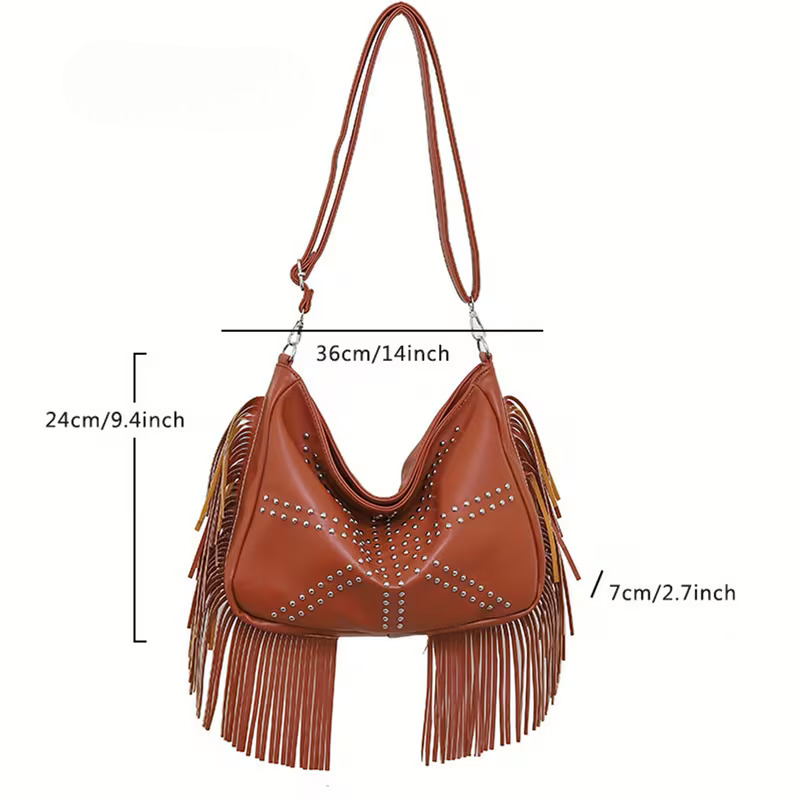 Brown Fringe Studded Shoulder Bag