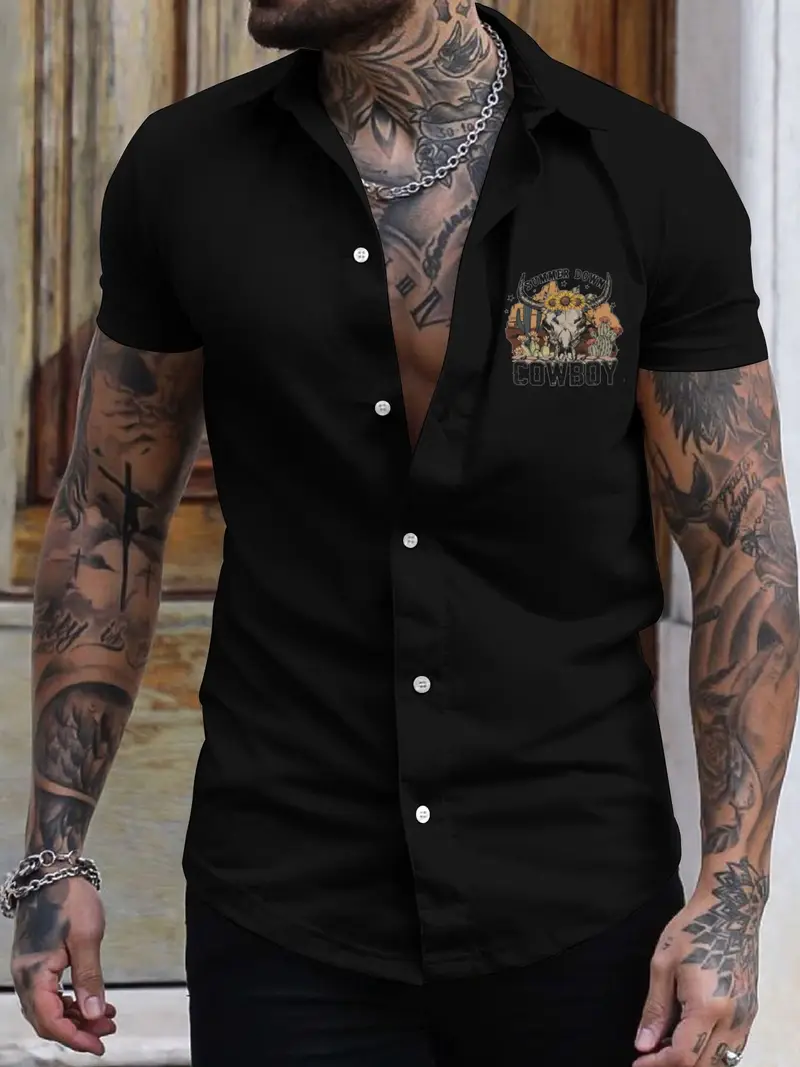Men's Black Button Up Cowboy Graphic Shirt