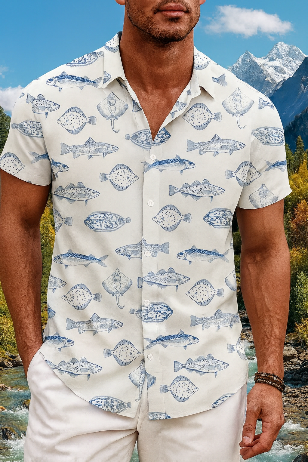 Men's Fish Print Short Sleeve Button Up Shirt