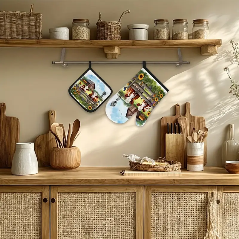 Farmhouse Cow Oven Mitt and Pot Holder Set