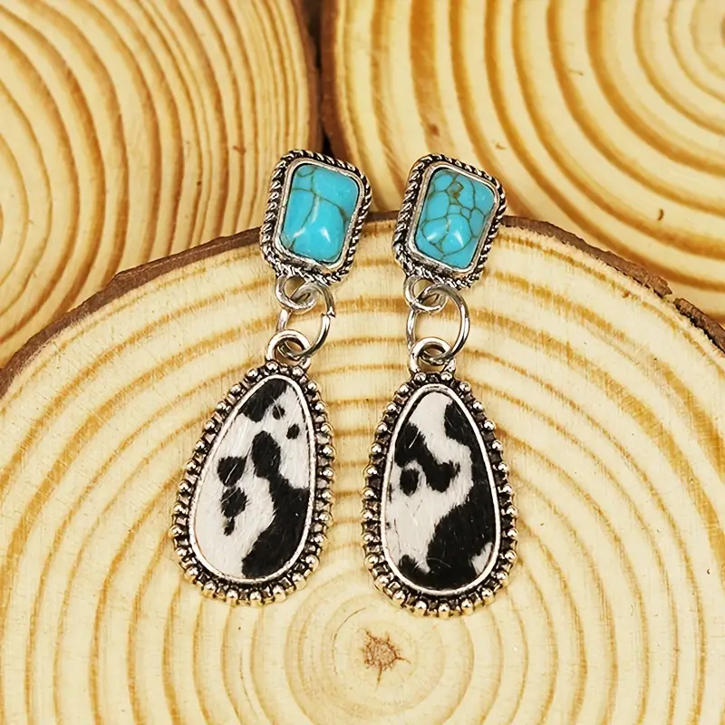 Turquoise and cowhide drop earrings