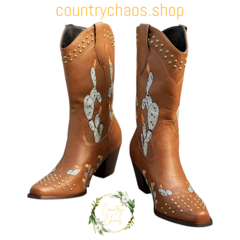 Cactus Embroidered Western Boots