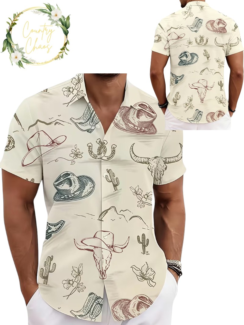 Mens Western Cowboy Print Button Up Shirt