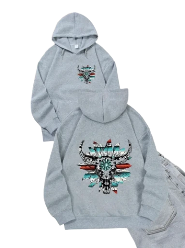 ladies Bull Skull Floral Graphic Hoodie