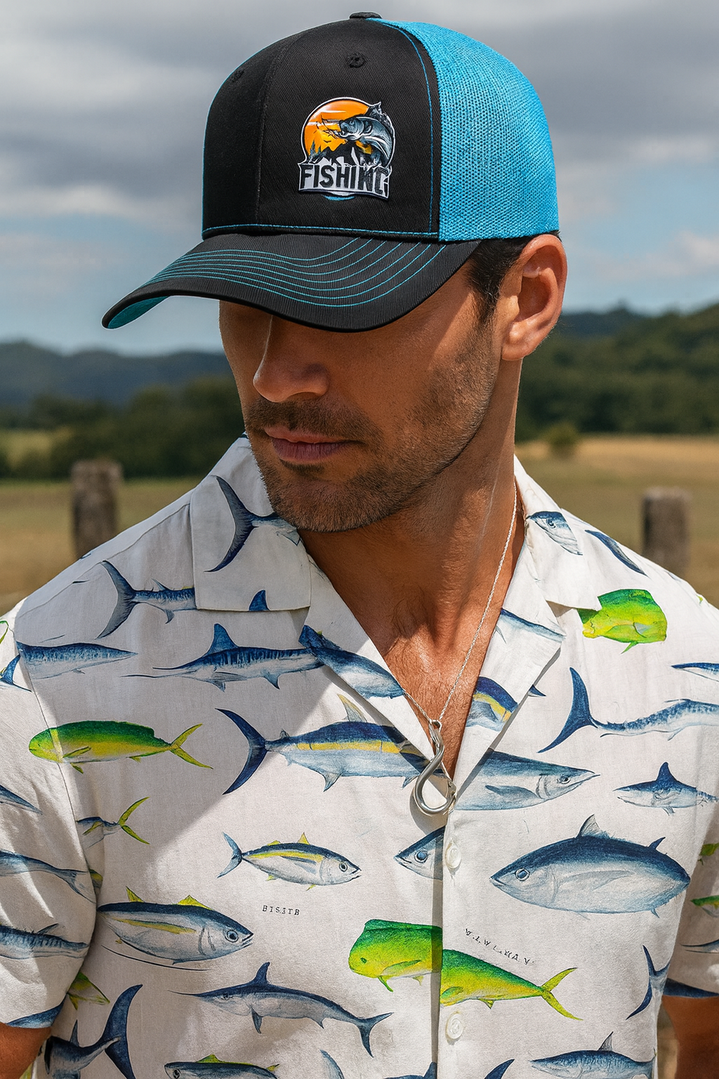 Men's Fishing Print Short Button Up Shirt