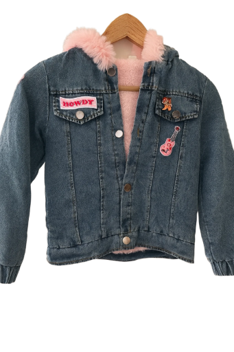 Girls One Of A Kind denim jacket with pink fur lining