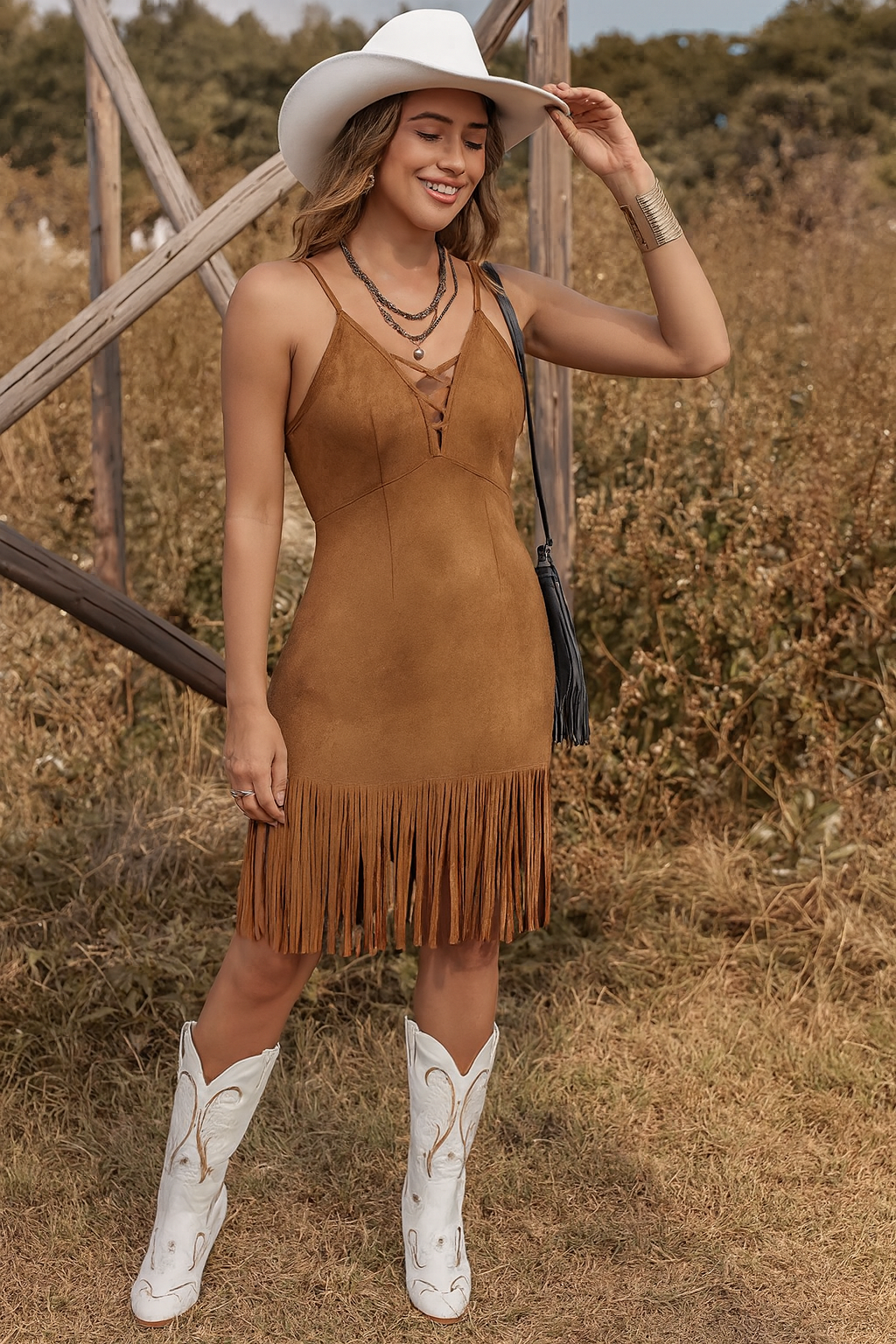 Ladies Brown Fringe Dress