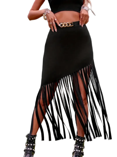 Black Fringe Skirt With Gold Chain Detail