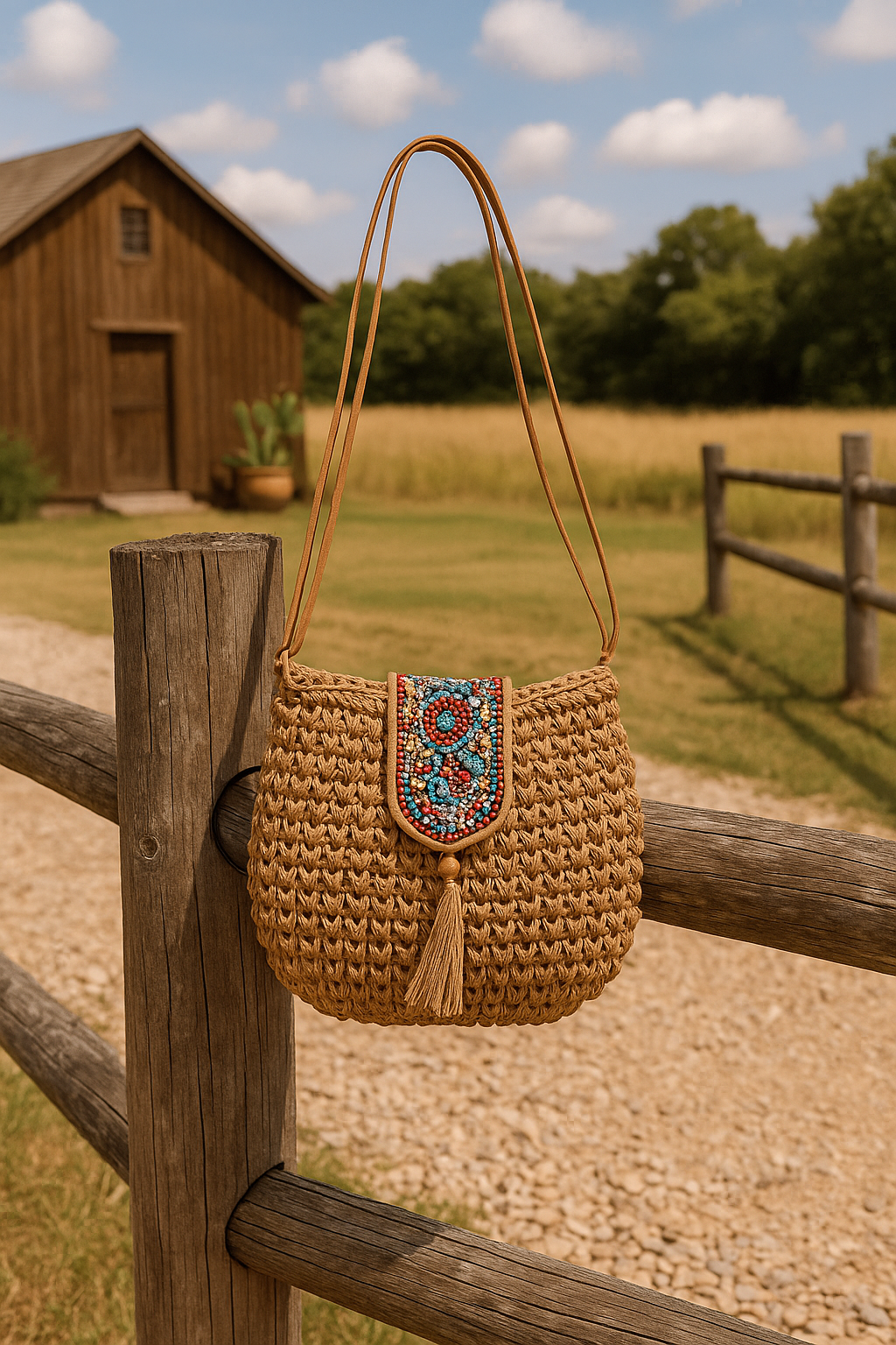 Woven Shoulder Bag With Bead Detail
