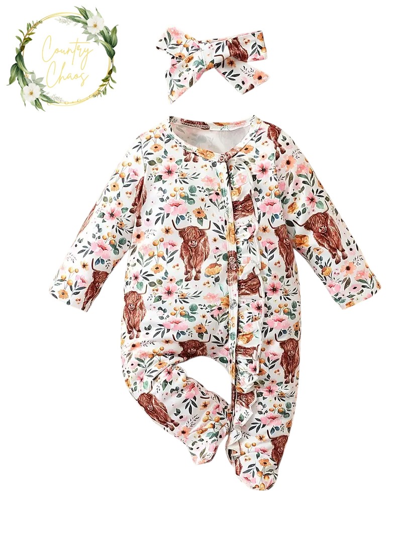 Baby Floral Highland Cow Ruffled Romper & Headband