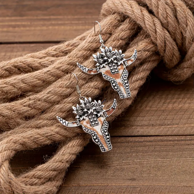 Boho Bull Skull Dangle Earrings 