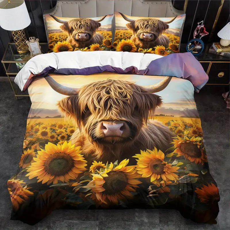 Queen Size Highland Cow and Sunflower Bedding Set