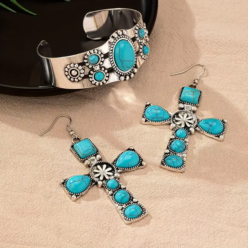Turquoise Cross Earrings And Cuff Set