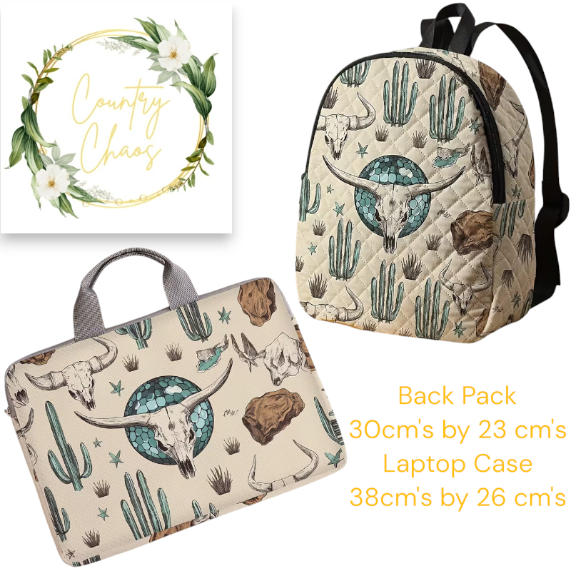 Western Cactus and Steer Skull Backpack and Laptop Case Set