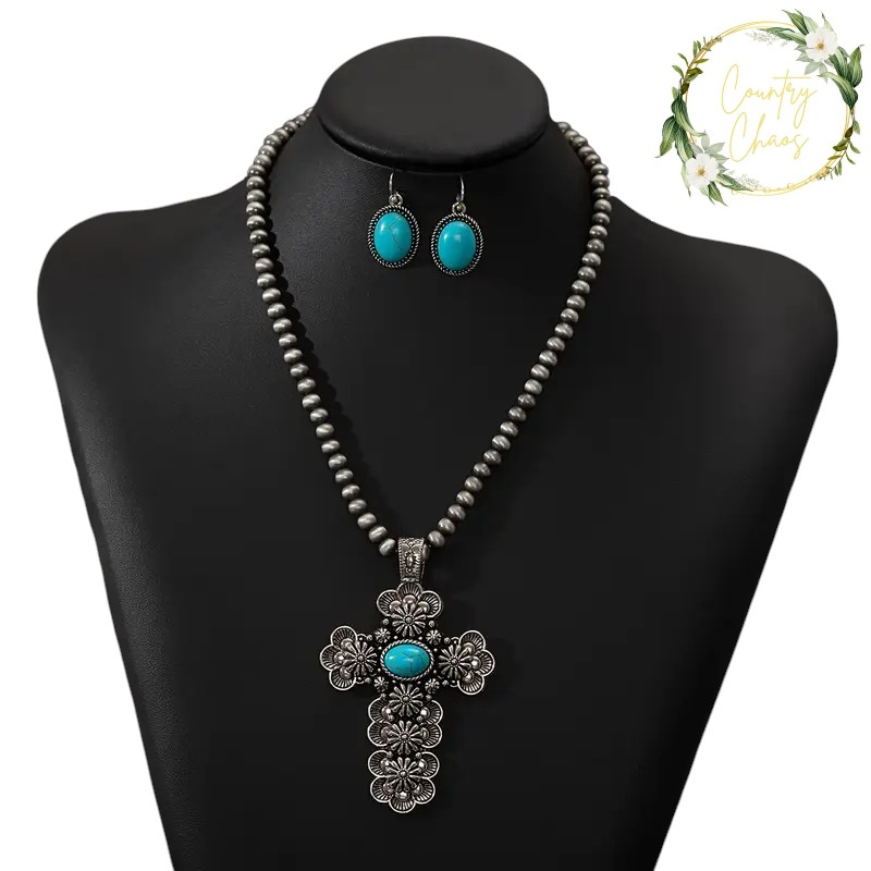 Turquoise Cross Necklace and Earrings Set