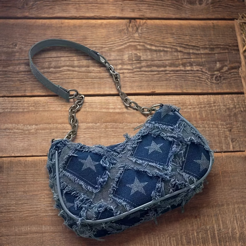 Denim Patchwork Star Shoulder Bag
