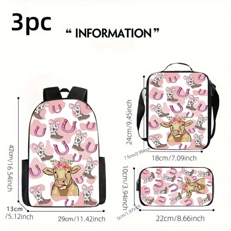 3 Piece Cow Print Backpack Set