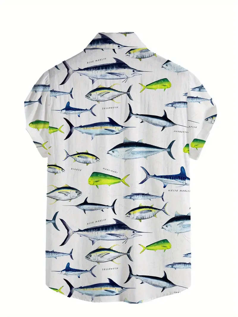 Men's Fishing Print Short Button Up Shirt