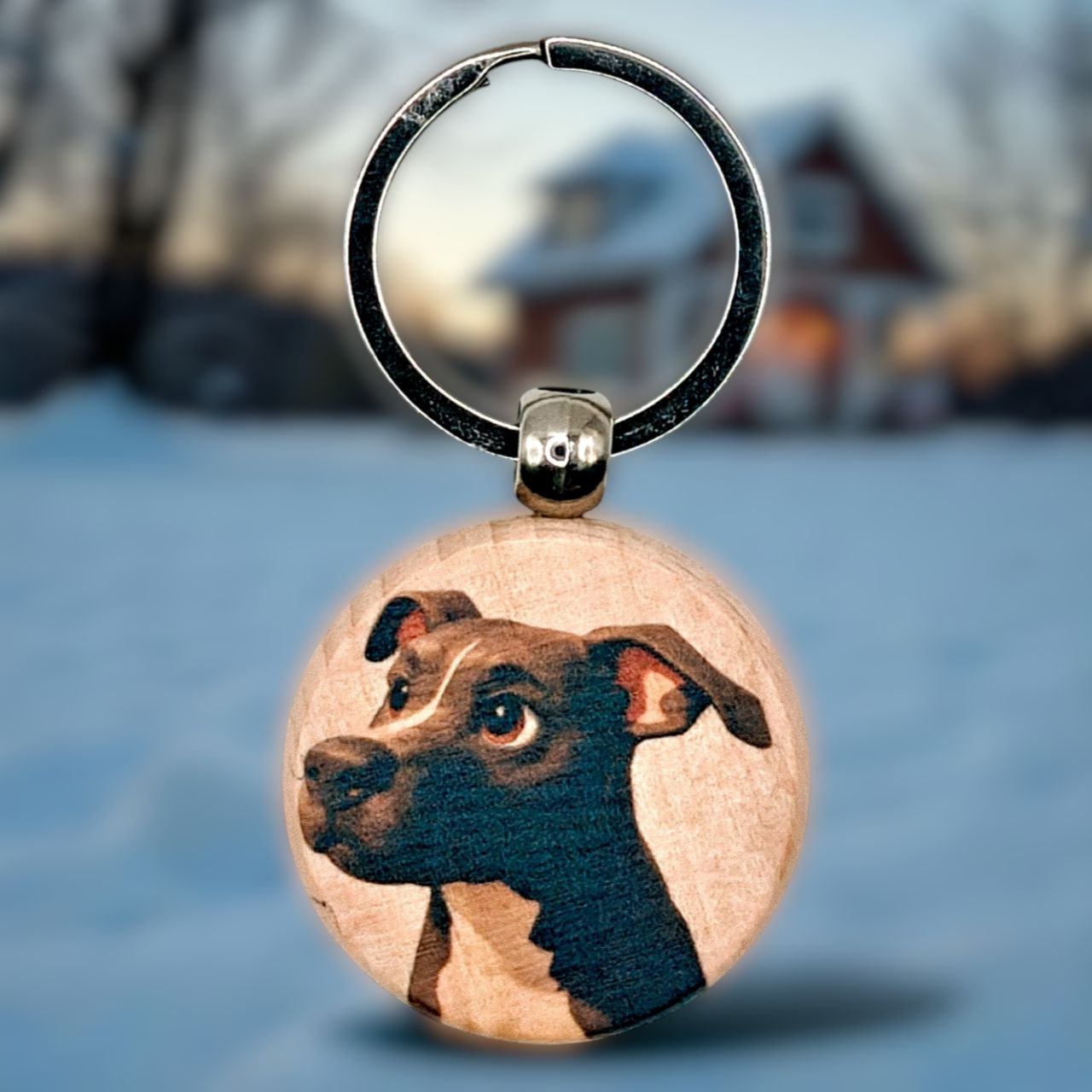 Puinen avaimenperä omalla kuvalla