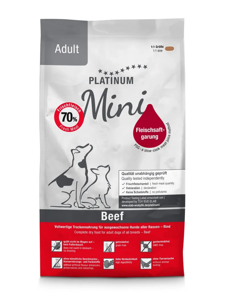 Platinum adult mini sausas pašaras mažų veislių šunims su jautiena