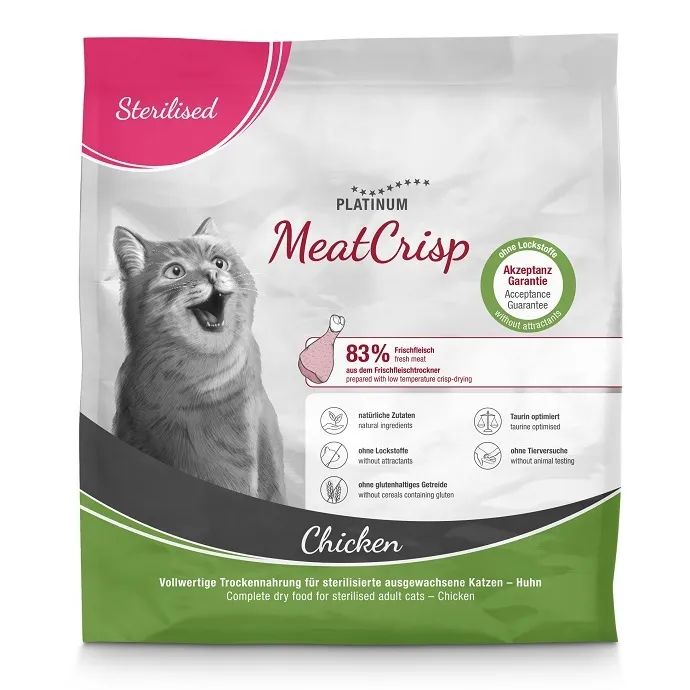 Platinum MeatCrisp visavertis sausas pašaras sterilizuotoms katėms su vištiena