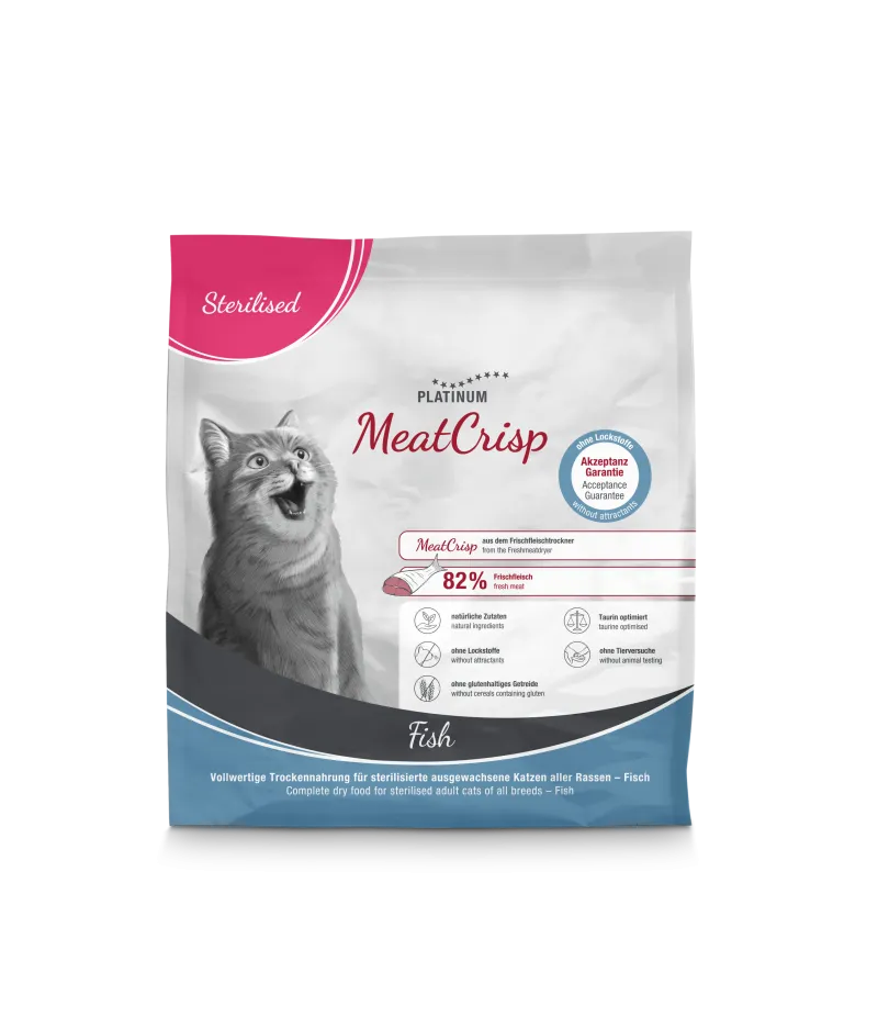 Platinum MeatCrisp sausas pašaras sterilizuotoms katėms su žuvimi
