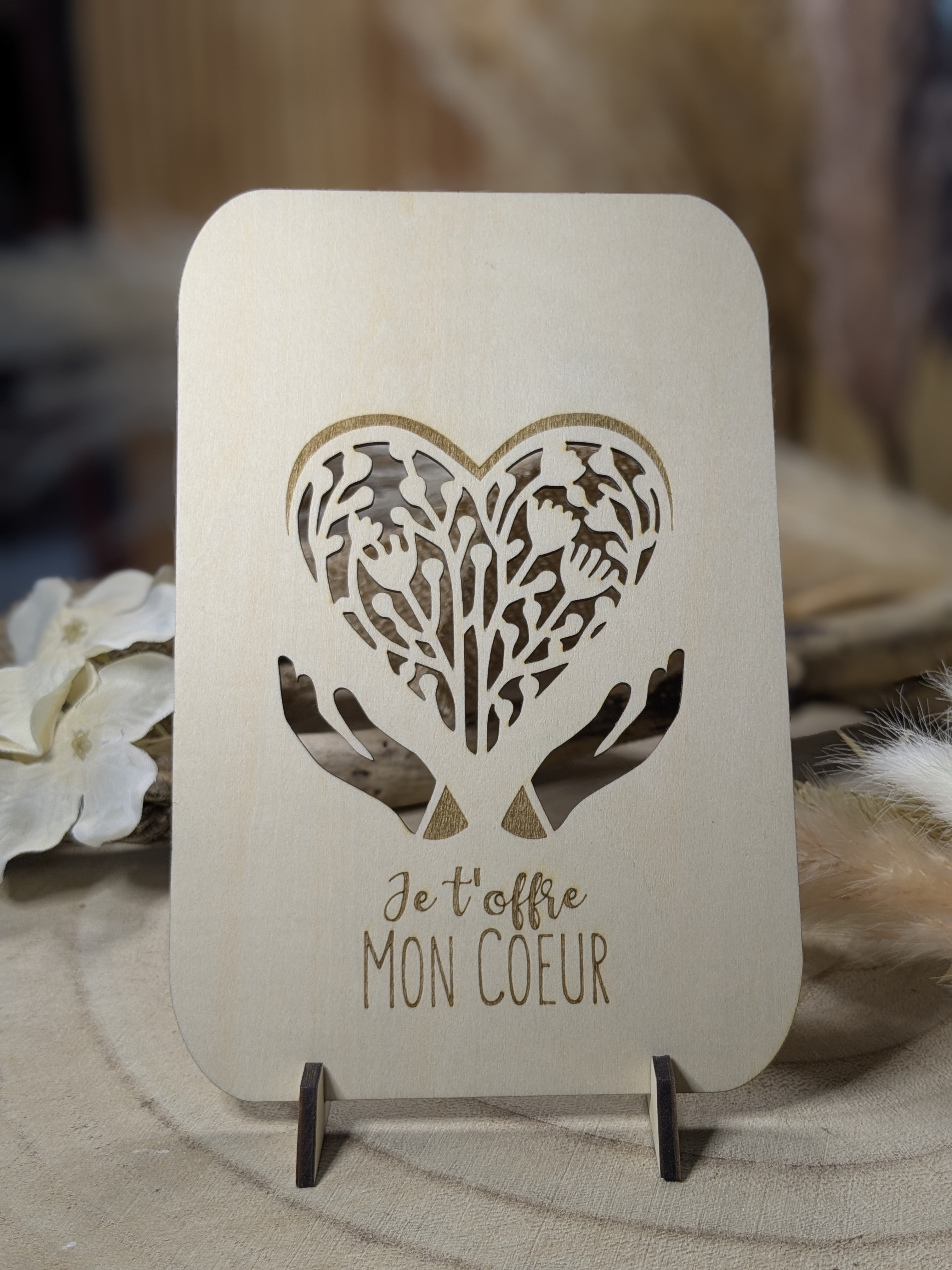 Carte en Bois "Je t'offre mon coeur"
