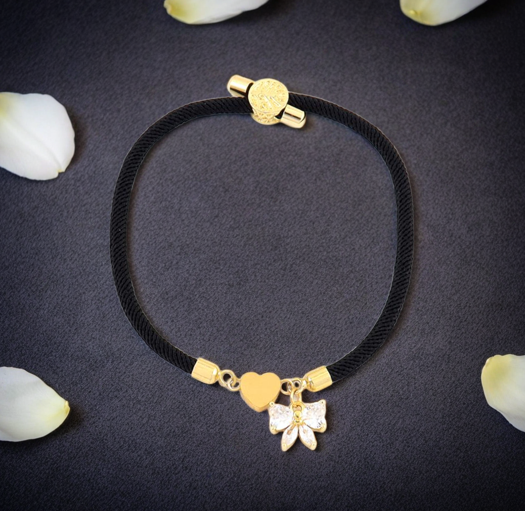 Bracelet nylon acier cœur et noeud strass