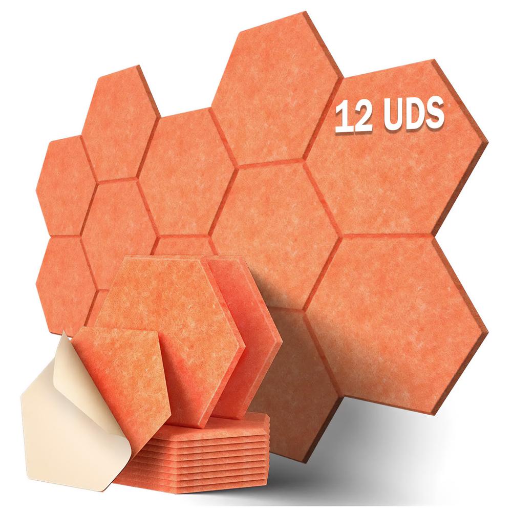 Pack 12 Paneles Acústicos Hexagonales Autoadhesivos De Insonorización 30x26x1cm Naranja