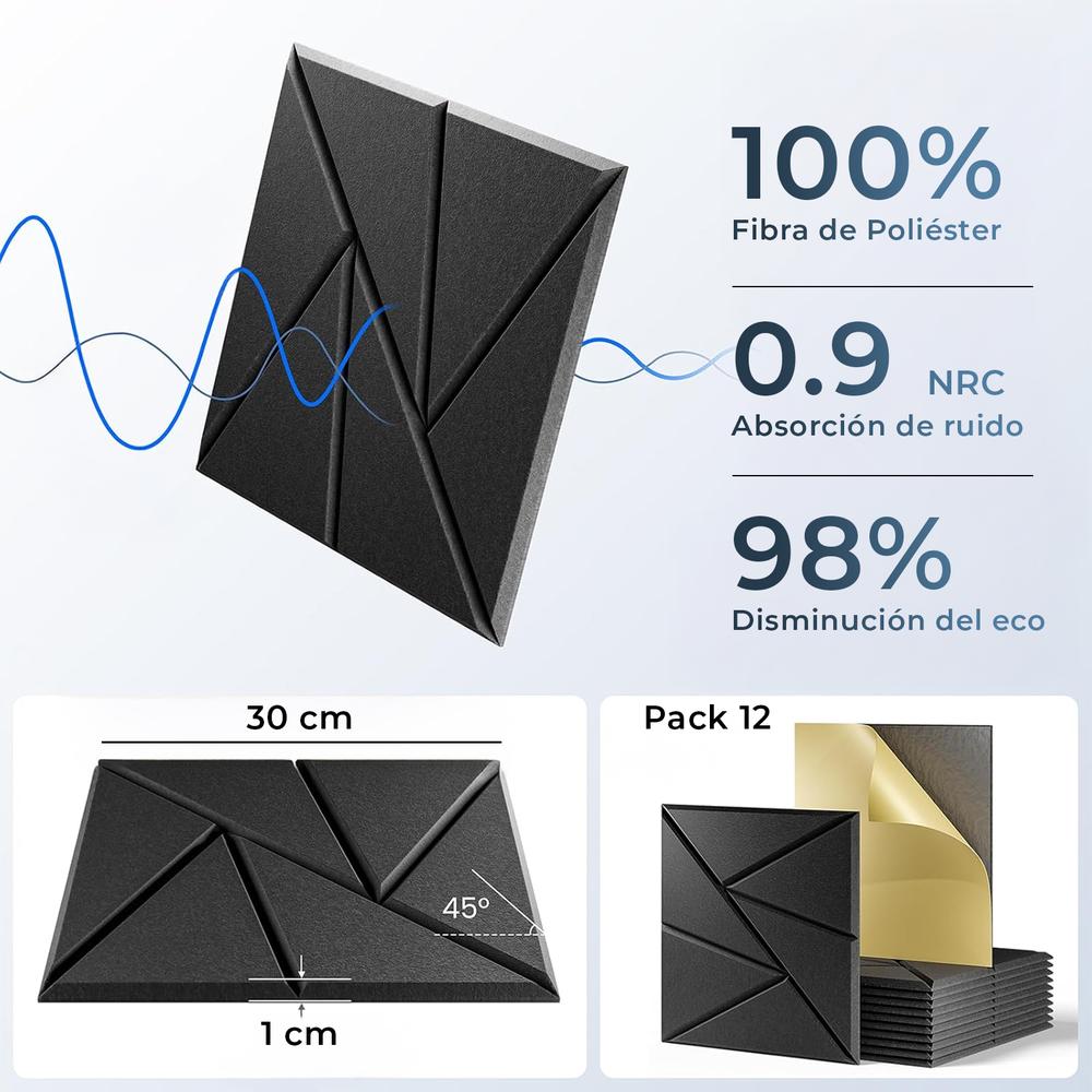 Pack 12 Paneles Acústicos Rectangulares Con Diseño Geométrico 30x30x1cm Negros