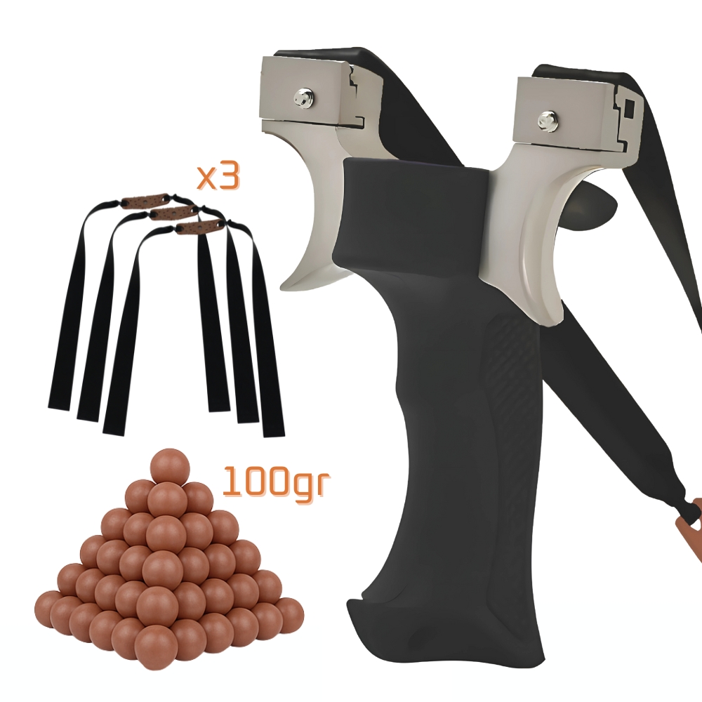 Tirachinas Deportivo - Set con Tirachinas de Metal, 3 Bandas de Goma y 100 Gramos de Bolas de Arcilla