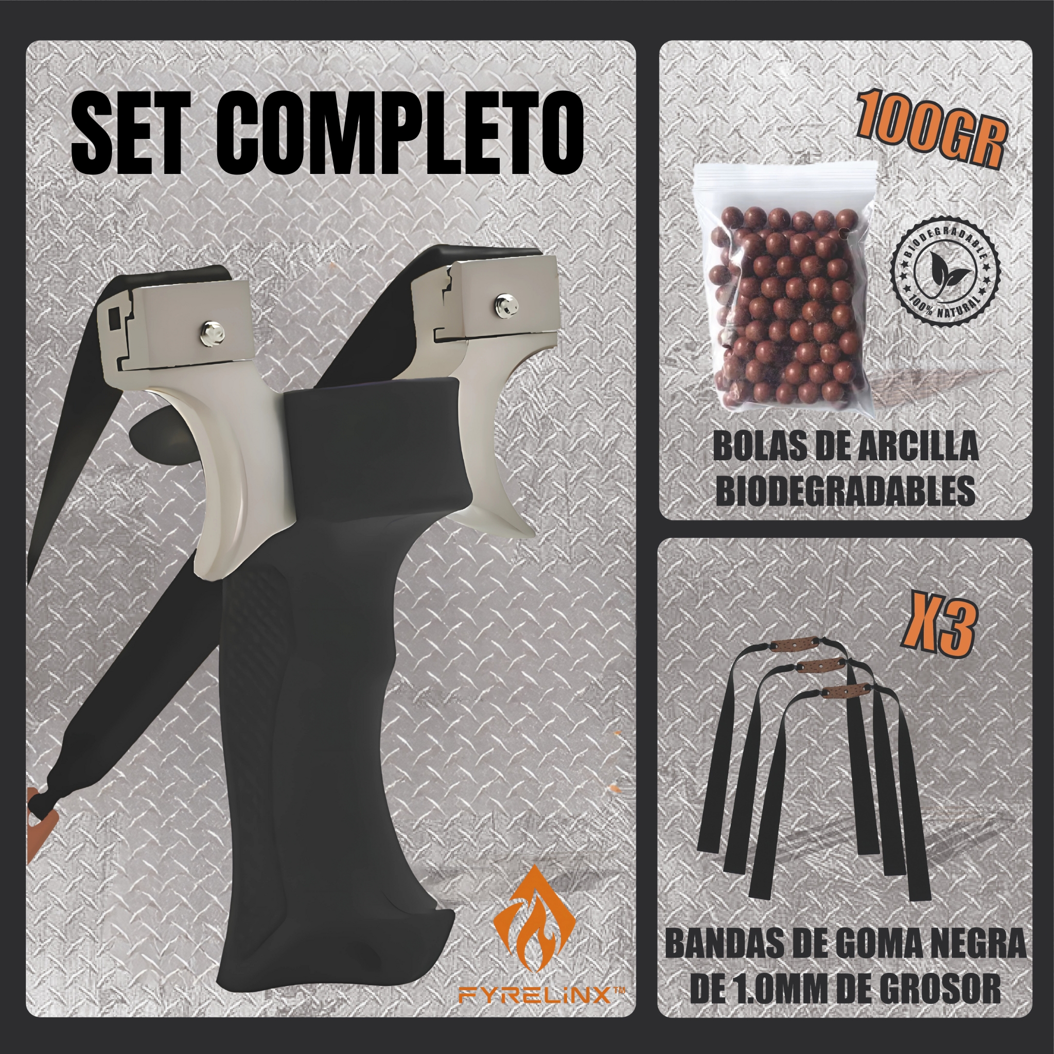 Tirachinas Deportivo - Set con Tirachinas de Metal, 3 Bandas de Goma y 100 Gramos de Bolas de Arcilla