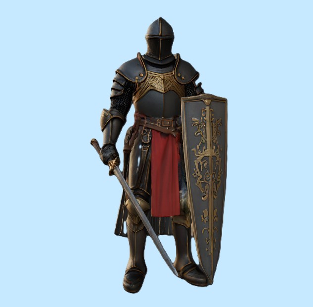 Medieval Black Knight with Ornate Shield and Sword