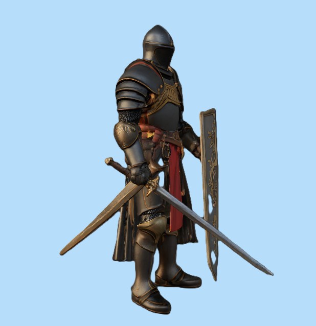 Medieval Black Knight with Ornate Shield and Sword