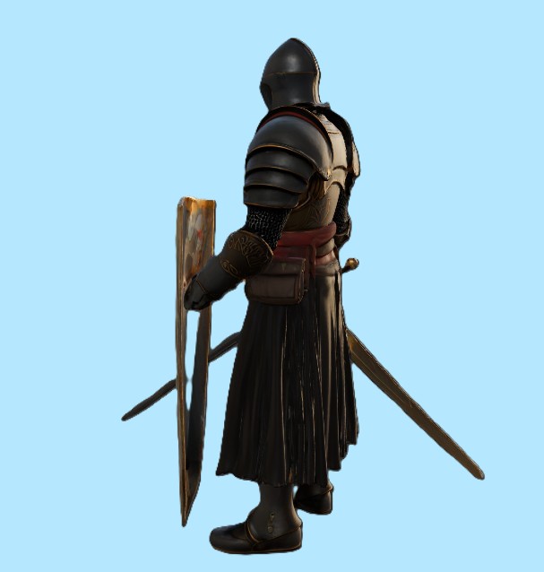 Medieval Black Knight with Ornate Shield and Sword