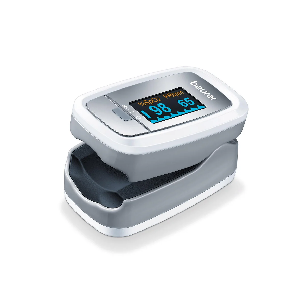 Oxímetro de pulso digital, mide oxígeno arterial y frecuencia cardiaca.