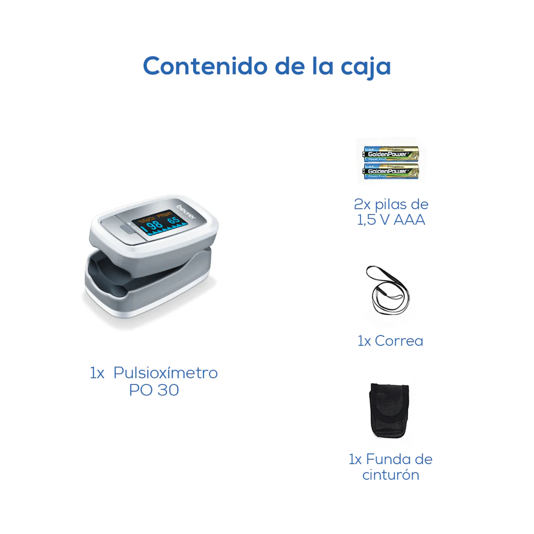 Oxímetro de pulso digital, mide oxígeno arterial y frecuencia cardiaca.