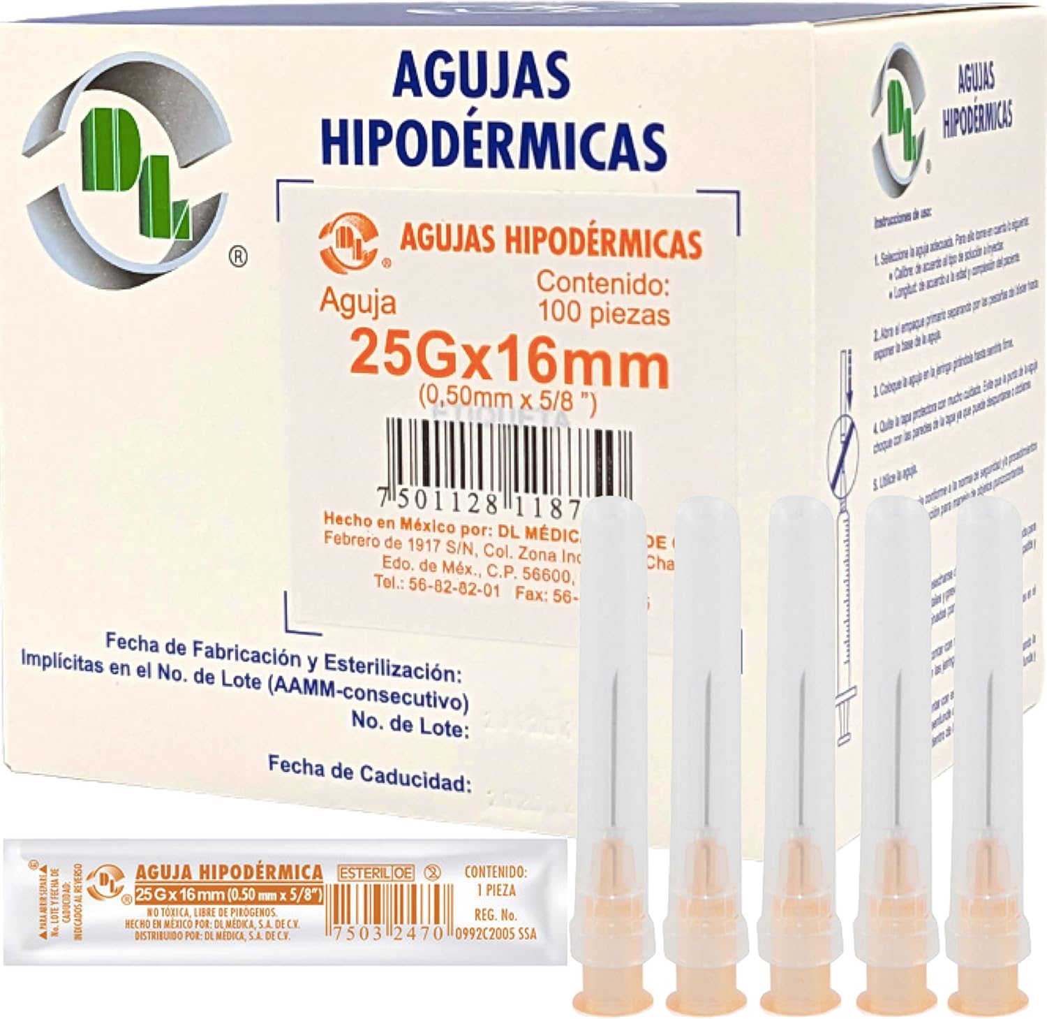 Caja DL 100 Agujas Hipodérmica Desechable 25G x 16 mm