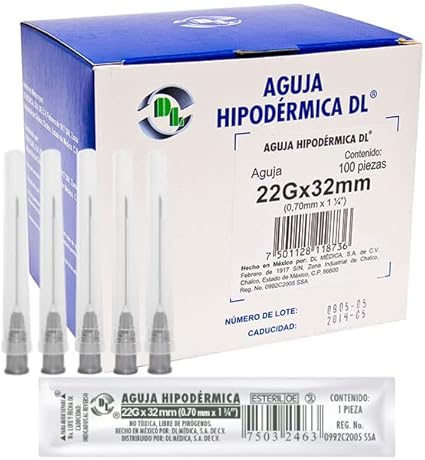 Caja DL 100 Agujas Hipodérmica Desechable Calibre 22G x 32 mm