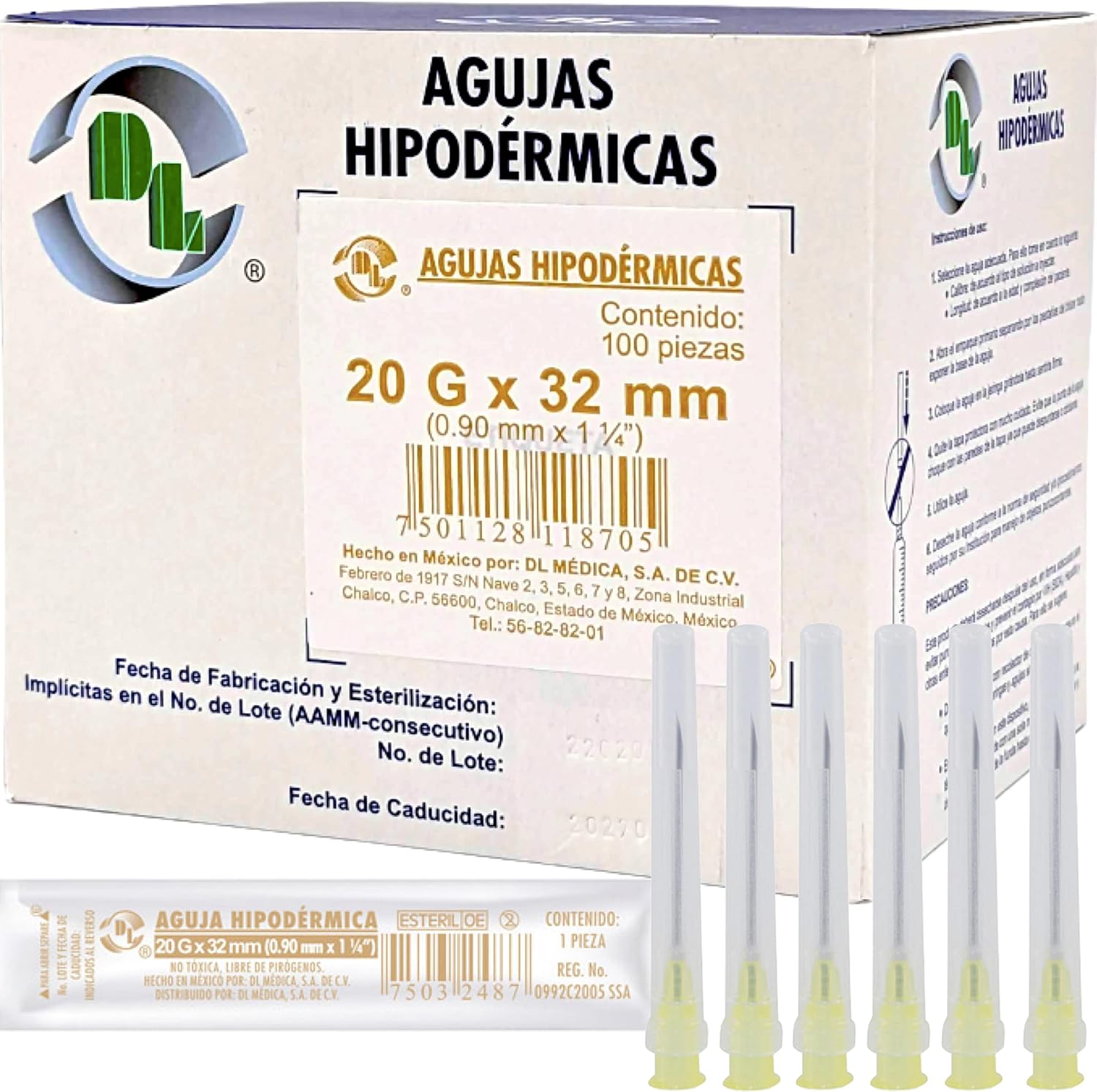 Caja DL 100 Agujas Hipodérmica Desechable Calibre 20G x 32 mm