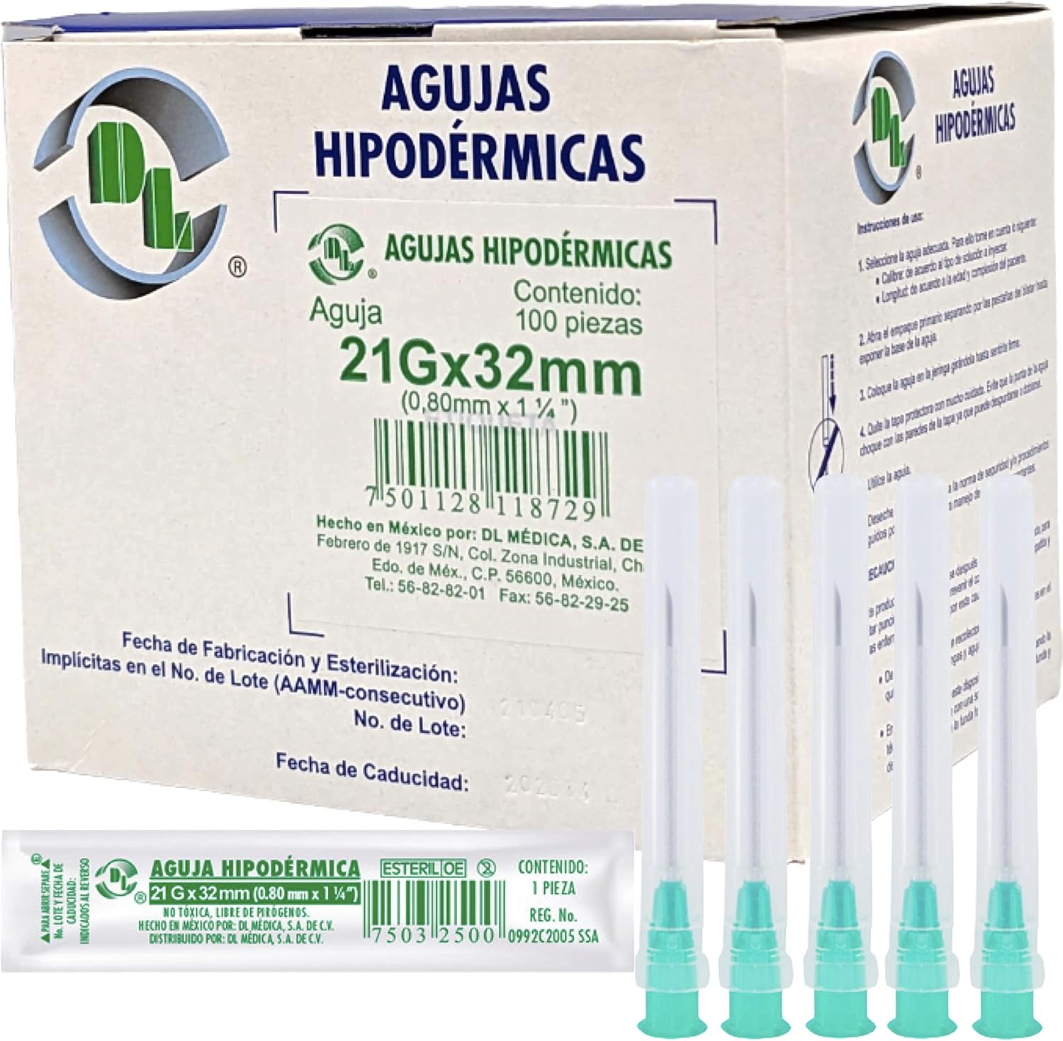 Caja DL 100 Agujas Hipodérmica Desechable Calibre 21G x 32 mm