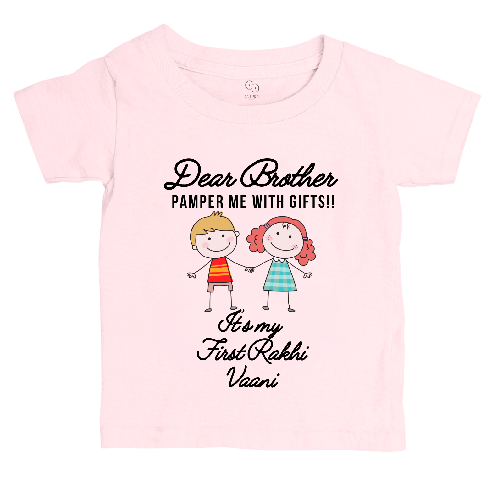 Dear Brother Pamper Me with Gifts T-Shirt – Personalized First Rakhi Outfit for Girls – Custom Name Cotton Tee