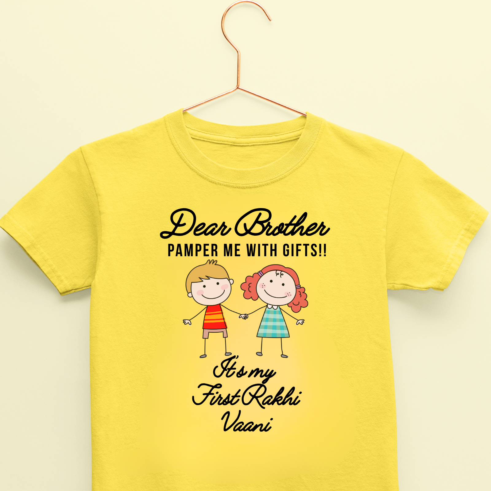 Dear Brother Pamper Me with Gifts T-Shirt – Personalized First Rakhi Outfit for Girls – Custom Name Cotton Tee