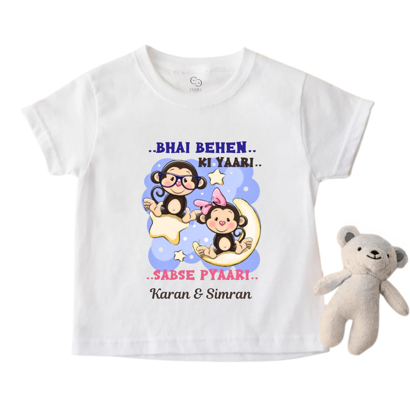 Bhai Behen Ki Yaari Rakhi T-Shirt – Personalized Sibling Raksha Bandhan Tee – Custom Names – Cute Monkey Design