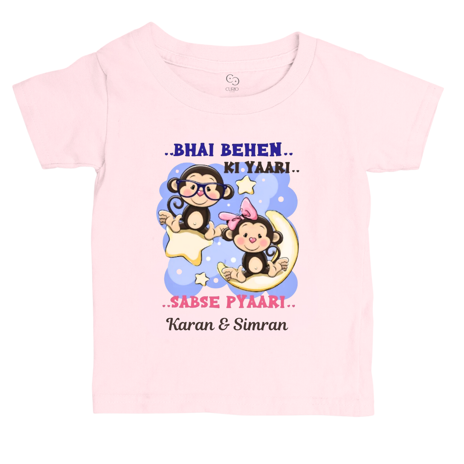 Bhai Behen Ki Yaari Rakhi T-Shirt – Personalized Sibling Raksha Bandhan Tee – Custom Names – Cute Monkey Design